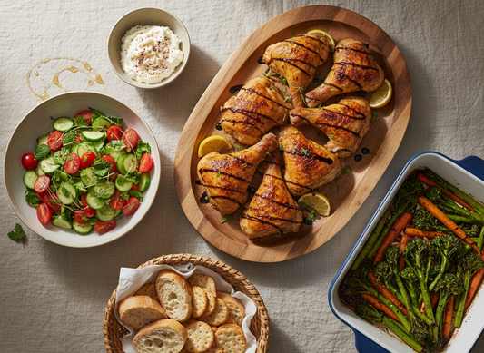 Overhead entertaining spread with roast chicken, a fresh cucumber and tomato salad, roasted vegetables, a creamy dip and bread, finished with dark balsamic drizzles on everything except the bread