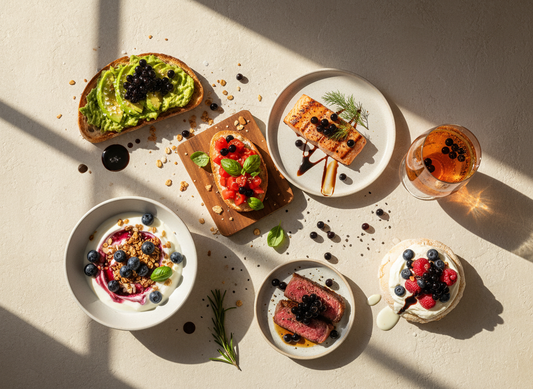 Overhead flat-lay of balsamic pearls used as a finishing garnish across a mix of dishes—avocado toast, yoghurt with berries and granola, bruschetta, salmon, sliced steak, pavlova, and a sparkling drink—on a light stone surface.