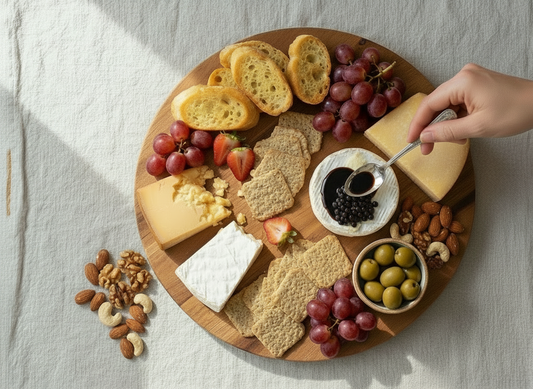 A 5-minute cheese board with brie, crackers, fruit and olives, finished with balsamic pearls nestled in a small glossy balsamic pool.