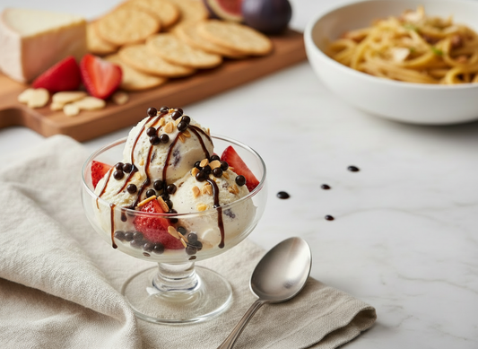 Vanilla ice cream with strawberries, toasted almonds, balsamic pearls and a glossy balsamic drizzle, with a grazing board and a bowl of pasta softly blurred in the background.