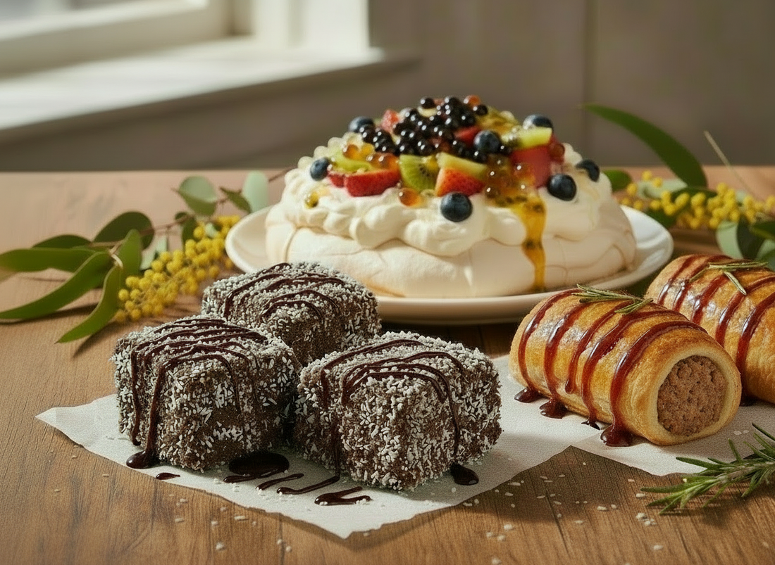 Lamingtons with fine balsamic drizzle, pavlova topped with fruit and dark pearls, and golden sausage rolls with realistic minced meat filling on a wooden table.