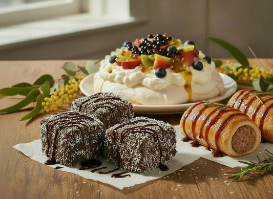 Lamingtons with fine balsamic drizzle, pavlova topped with fruit and dark pearls, and golden sausage rolls with realistic minced meat filling on a wooden table.