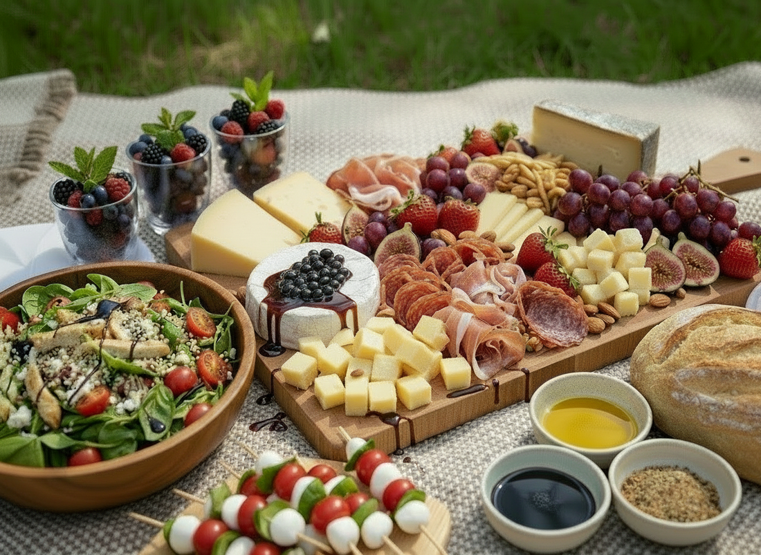 Gourmet outdoor picnic spread featuring a wooden board with brie topped with dark Sticky Balsamic pearls and balsamic drizzle, surrounded by cheeses, cured meats, fresh fruit, salad with balsamic drizzle, caprese skewers, bread, and dipping bowls.