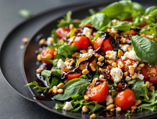 Fresh gourmet salad with Sticky Balsamic premium vinegar featuring rocket, cherry tomatoes, feta, and pine nuts, showcasing how Australian-made balsamic vinegar transforms everyday salads into restaurant-quality dishes