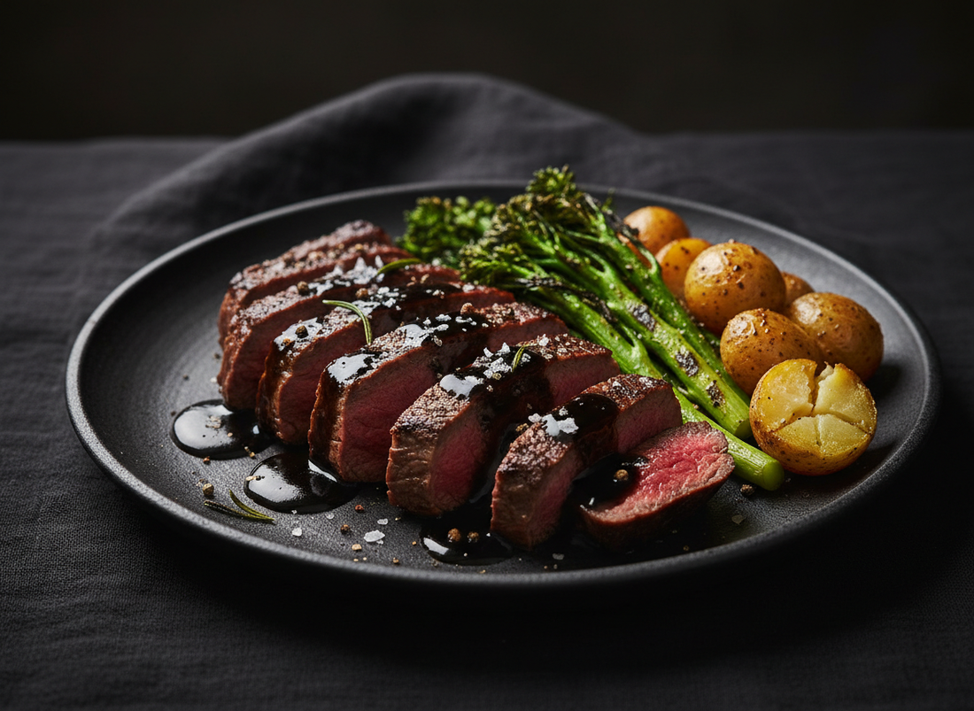  Moody overhead photo of sliced steak with charred broccolini and roasted baby potatoes, finished with a glossy black garlic balsamic drizzle and flaky sea salt on a dark plate.