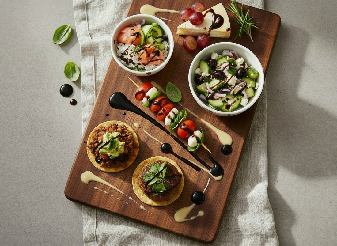 Overhead photo of a premium tasting board with a salmon rice bowl, Greek salad, caprese skewer, taco bites and cheese with grapes, finished with dark balsamic drizzles on a neutral linen backdrop