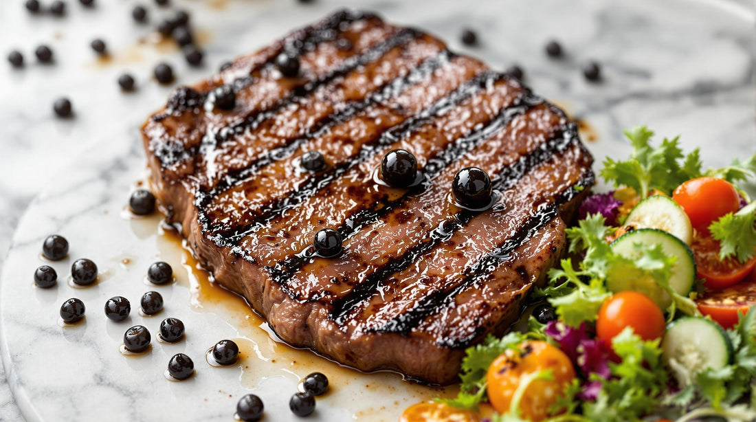 Buy Balsamic Pearls a steak with salad and balsamic pearls
