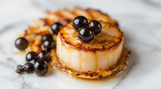 Caviar Balsamic Pearls and scallop on marble display surface