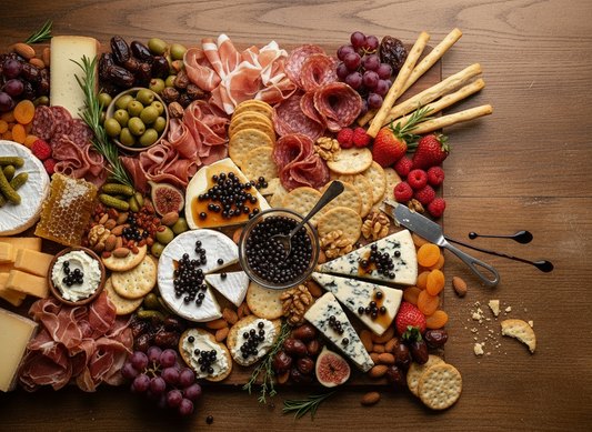 Charcuterie board with cheeses, cured meats, fresh fruit, nuts, crackers, and a jar of Sticky Balsamic Pearls used as a gourmet garnish.