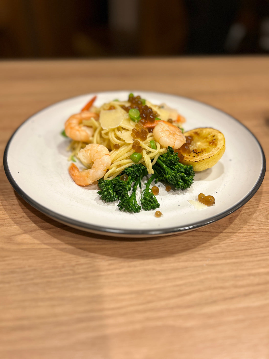 Sticky Balsamic Flavour Pearls with Prawn Pasta, Broccolini and Caramelised lemon