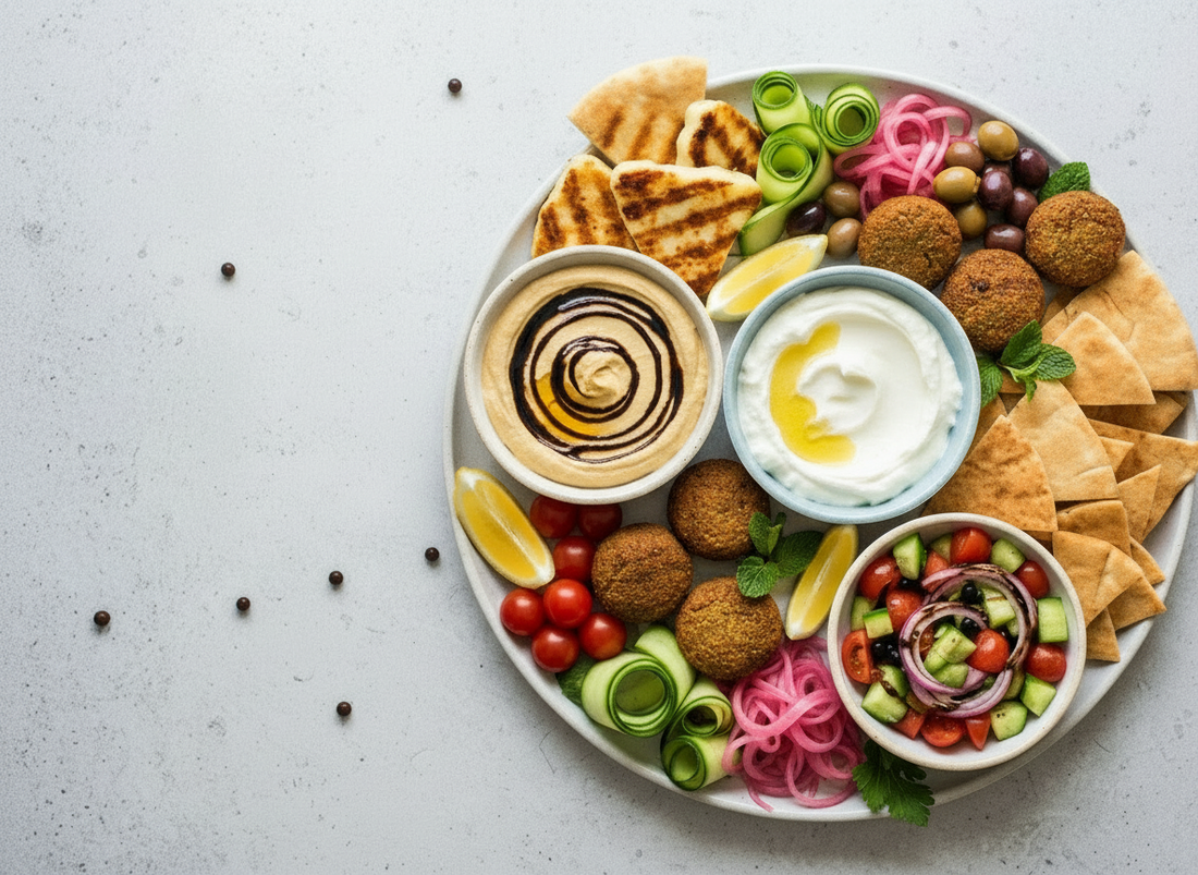 Overhead mezze platter with hummus, labneh with olive oil, falafel, pita, olives, pickled onions, cucumber ribbons, tomatoes and Greek salad on a light stone background.