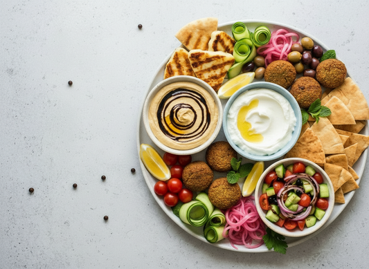 Overhead mezze platter with hummus, labneh with olive oil, falafel, pita, olives, pickled onions, cucumber ribbons, tomatoes and Greek salad on a light stone background.
