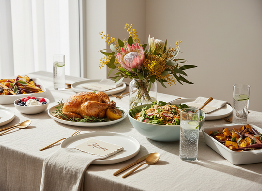 A bright Mother’s Day long-lunch table with flowers, shared platters (salad, roast chicken and roast vegetables), sparkling glasses, and a place card for Mum