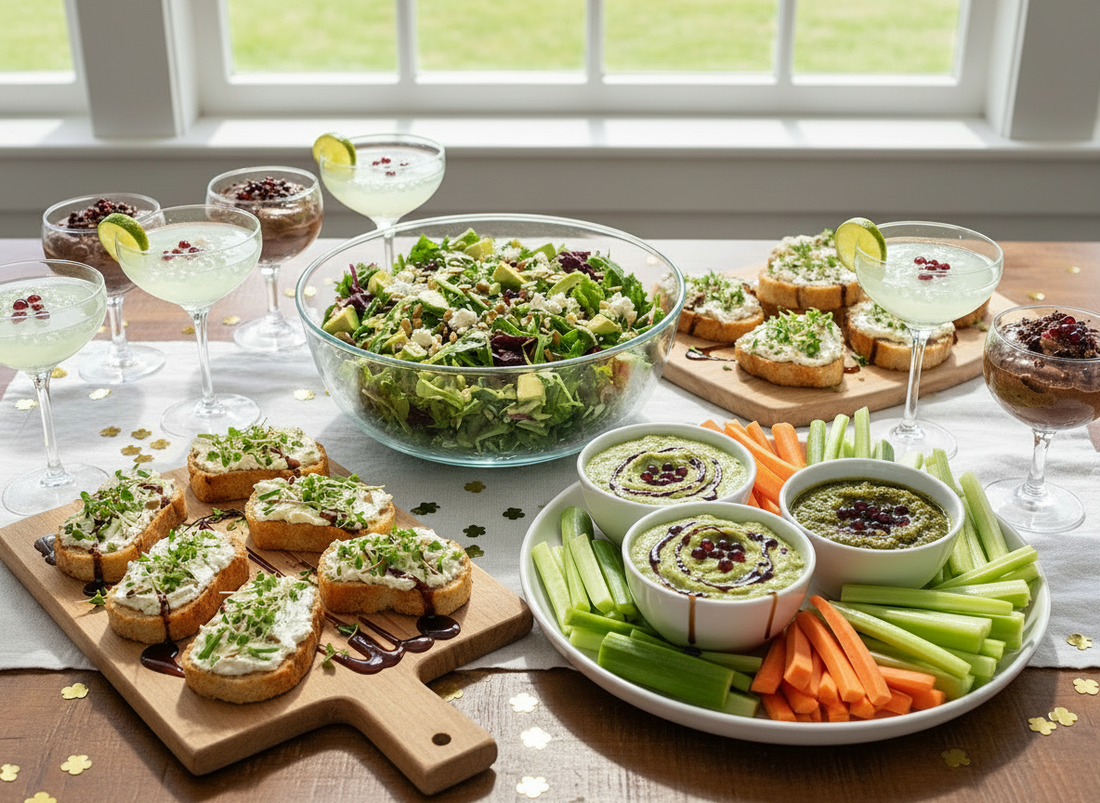 St. Patrick’s Day party table with green salad, soda bread crostini, dips topped with Sticky Balsamic pearls and balsamic drizzle, chocolate mousse, and cocktails, decorated with gold shamrock confetti.