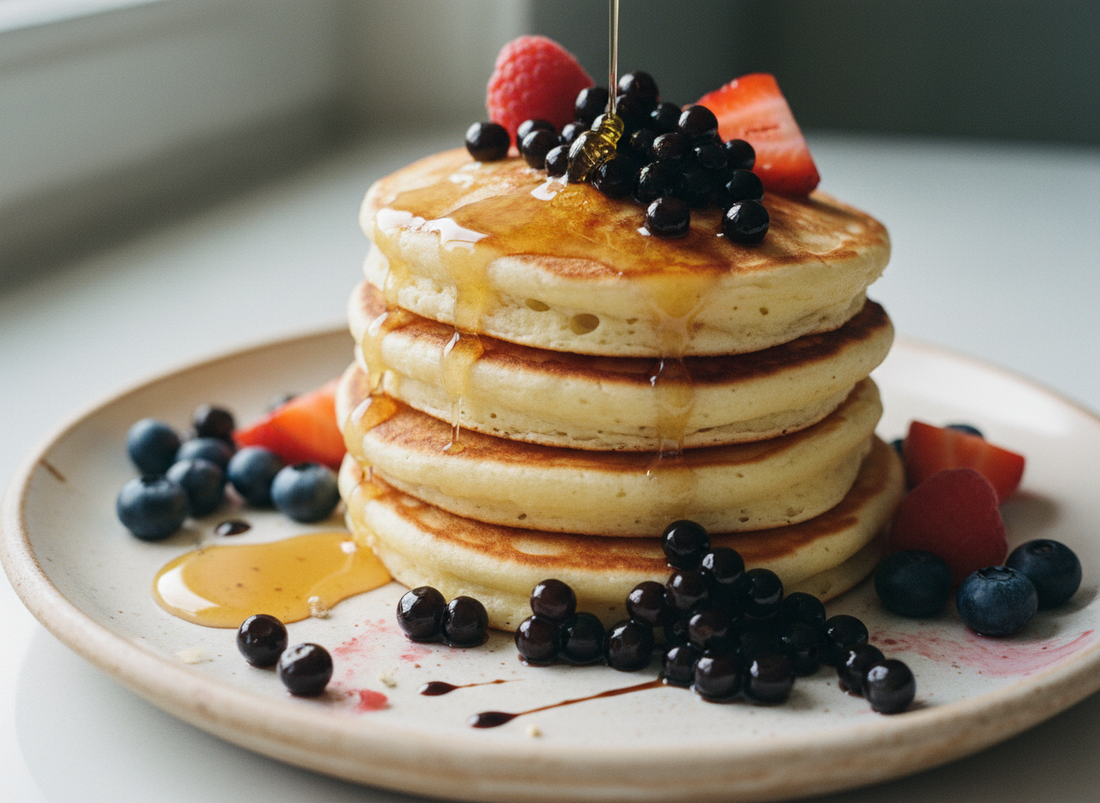 ricotta pancake stack with honey and fresh berries, topped with near-black glossy Fig Balsamic Pearls and dark syrupy liquid drizzled around the pearls.