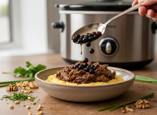 Spoon dropping large glossy balsamic pearls onto slow-cooked beef ragu over creamy polenta, with herbs and toasted nuts on a warm stone countertop