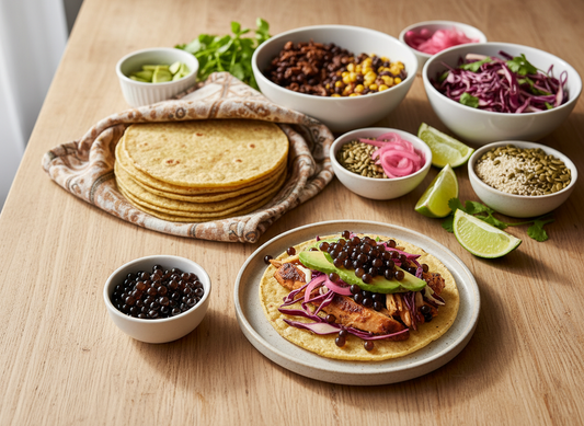 Build-your-own taco bar spread with tortillas, colourful toppings, and a finished taco topped with large glossy balsamic pearls and a dark balsamic drizzle