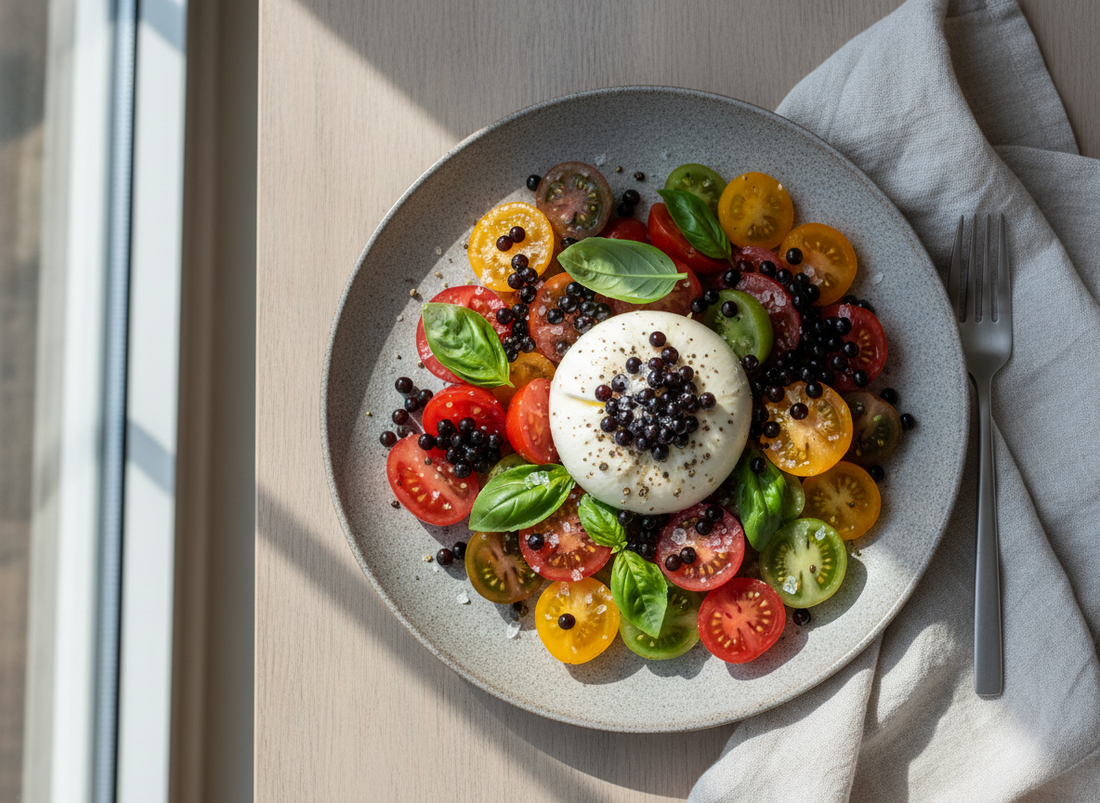 Overhead photo of burrata with heirloom tomatoes and basil on a ceramic plate, finished with glossy balsamic pearls in natural light.