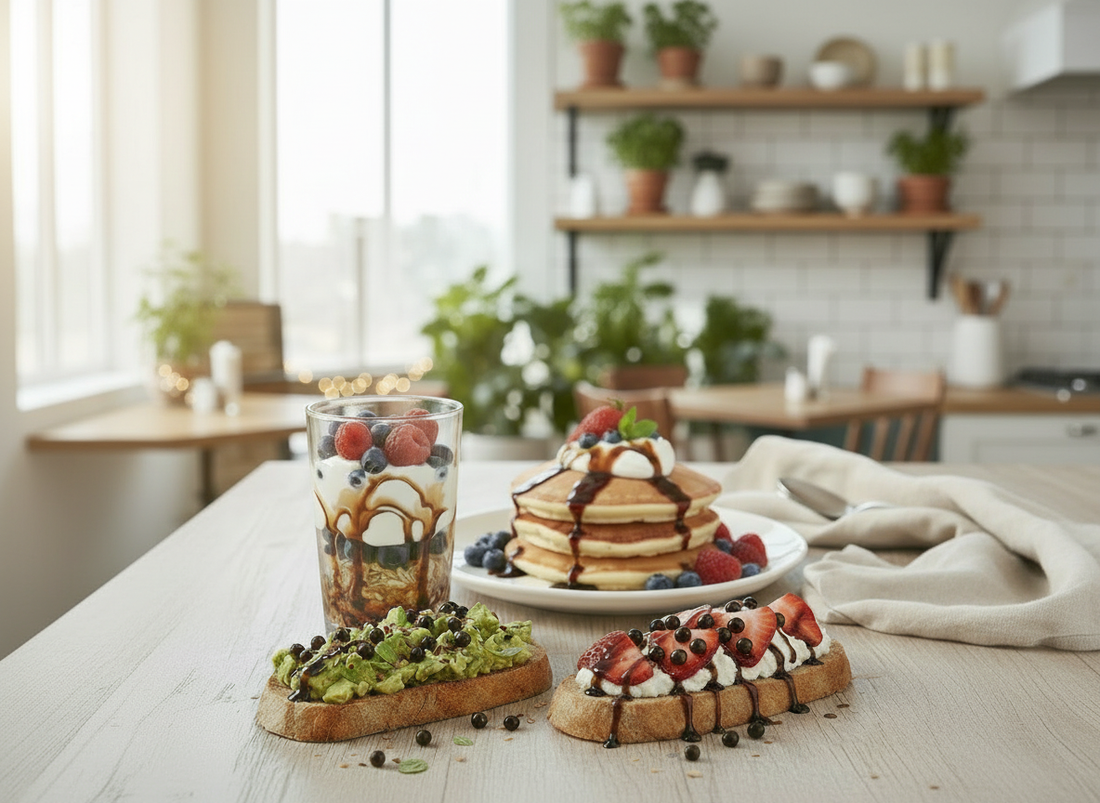 Ultra-realistic breakfast scene with avocado toast topped with dark balsamic pearls and drizzle, and ricotta toast with fresh sliced strawberries, dark balsamic pearls, and balsamic drizzle. 