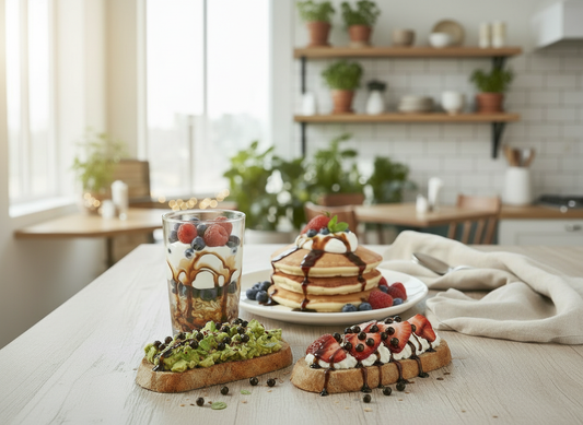 Ultra-realistic breakfast scene with avocado toast topped with dark balsamic pearls and drizzle, and ricotta toast with fresh sliced strawberries, dark balsamic pearls, and balsamic drizzle. 