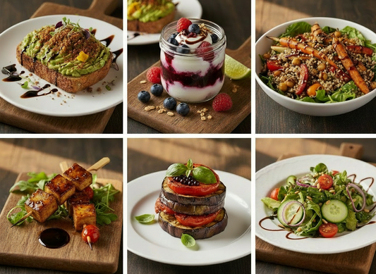 Six vibrant vegan dishes featuring Sticky Balsamic and Dukkah: avocado toast, berry yogurt parfait, quinoa roasted veg bowl, balsamic glazed tofu skewers, grilled eggplant and tomato stack with pearls, and fresh veggie salad.
