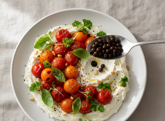 Spoon adding balsamic pearls to whipped feta topped with roasted cherry tomatoes, fresh herbs and toasted pine nuts on a white platter.