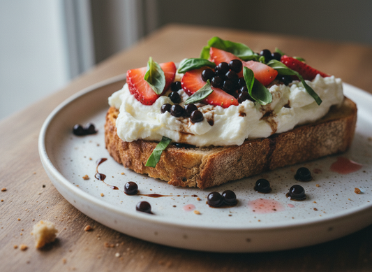 Messy toasted bread with whipped ricotta, sliced strawberries and fresh basil, topped with glossy dark Original Balsamic Pearls and a little balsamic liquid.