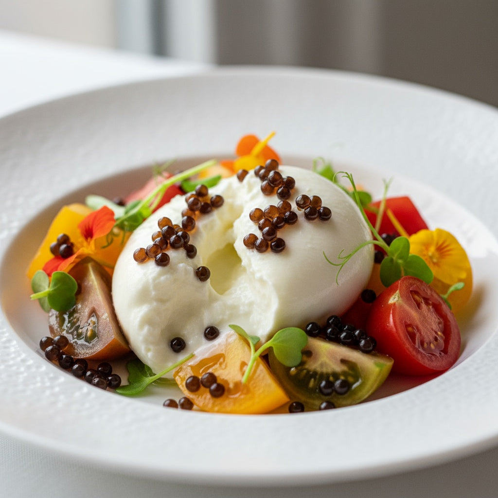 Creamy burrata cheese with sliced heirloom tomatoes topped with glossy balsamic vinegar pearls and fresh microgreens on white plate
