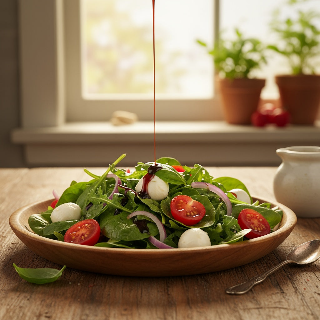 Fresh garden salad with mixed greens, cherry tomatoes, mozzarella cheese, and crispy croutons drizzled with premium balsamic vinegar on white plate