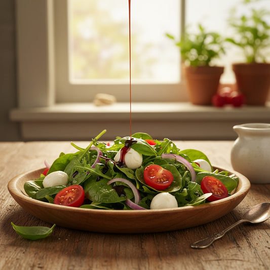 Fresh garden salad with mixed greens, cherry tomatoes, mozzarella cheese, and crispy croutons drizzled with premium balsamic vinegar on white plate