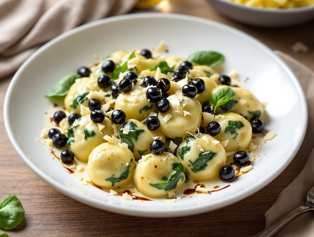 Homemade fresh spinach and ricotta gnocchi on a white plate, garnished with Sticky Balsamic Lemon Pearls and fresh basil leaves