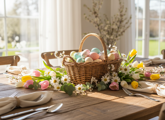 A hyper-realistic photo of a rustic wooden table set for Easter, featuring a natural wicker basket overflowing with pastel-coloured Easter eggs, surrounded by fresh spring flowers and soft white linen napkins.