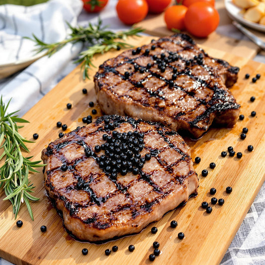 Grilled meats with sticky balsamic pearls on a wooden board