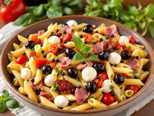 Italian garden pasta salad with Italian dressing featuring colorful vegetables, fresh mozzarella, and Sticky Balsamic pearls in a large serving bowl