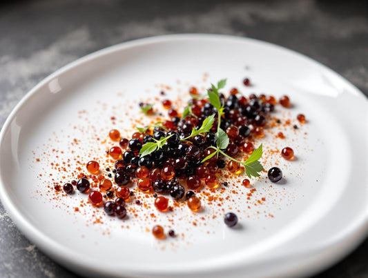 Elegant white plate featuring colorful balsamic pearls as molecular gastronomy garnish on gourmet dish