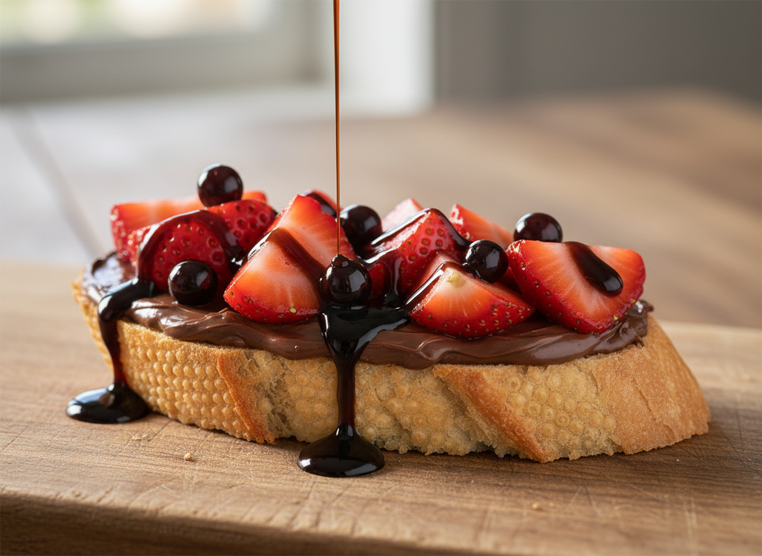 Hyper-realistic crostini with Nutella, fresh strawberries, large dark balsamic pearls (8–9mm), and a natural, glossy balsamic drizzle on a rustic wooden board.