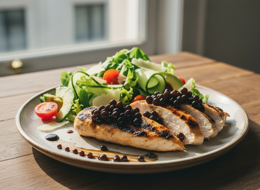 Restaurant‑style plate of sliced chicken topped with Sticky Balsamic Pearls, served with a fresh salad of cucumber ribbons, tomatoes, and greens, with a chocolate dessert in the background.