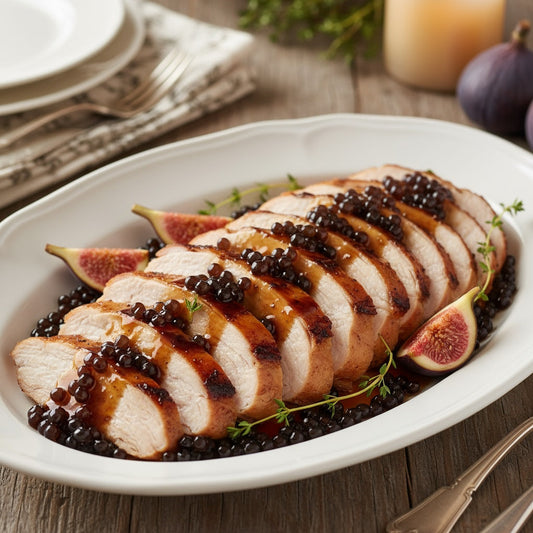 Sliced roast turkey with Sticky Balsamic Pearls on top, garnished with thyme and fig, on a beautifully decorated plate.