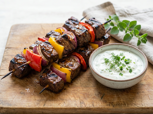 Sticky Balsamic Black Garlic Beef Skewers with Herbed Yogurt Dip