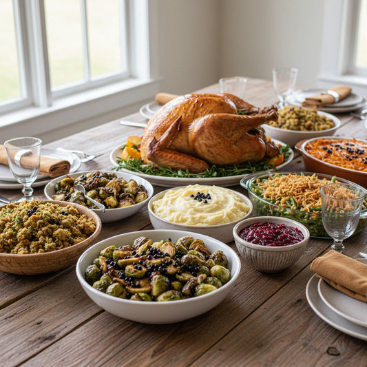 Thanksgiving dinner with many sides garnished with Sticky Balsamic Pearls