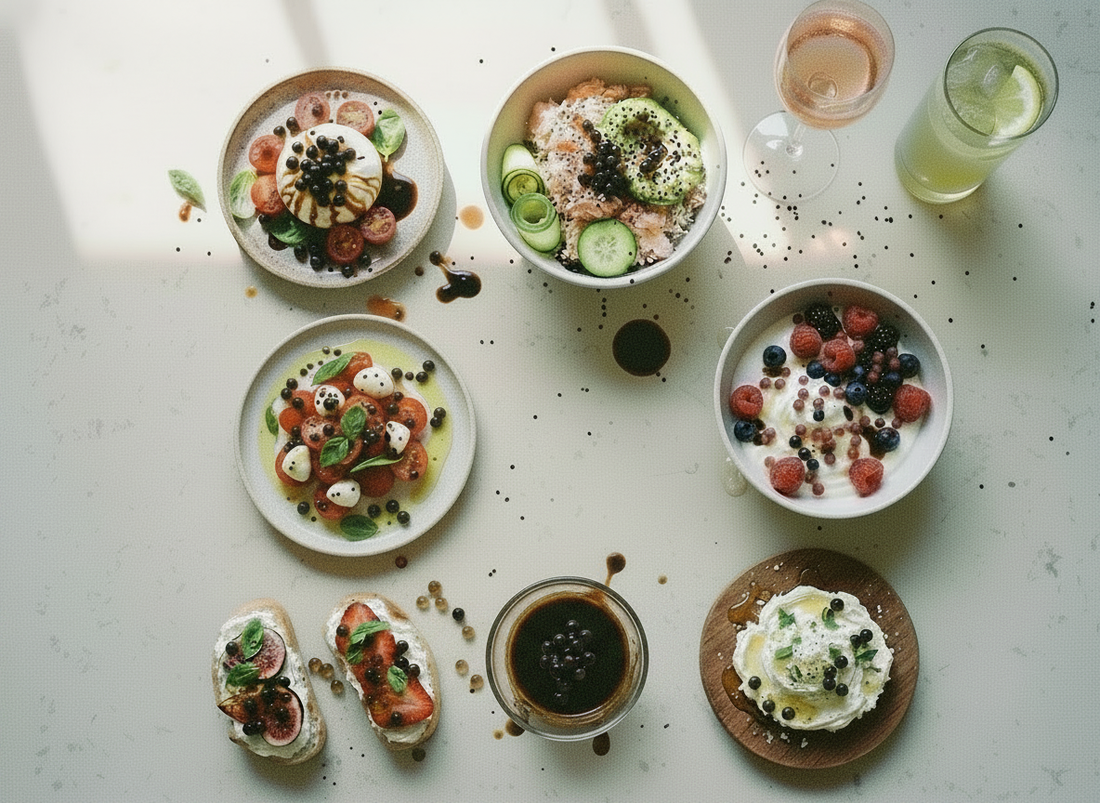 Aesthetic TikTok‑worthy food spread featuring salads, yogurt bowls, crostini, salmon bowls, fresh fruit, and gourmet toppings with balsamic pearls for an easy, elevated look.