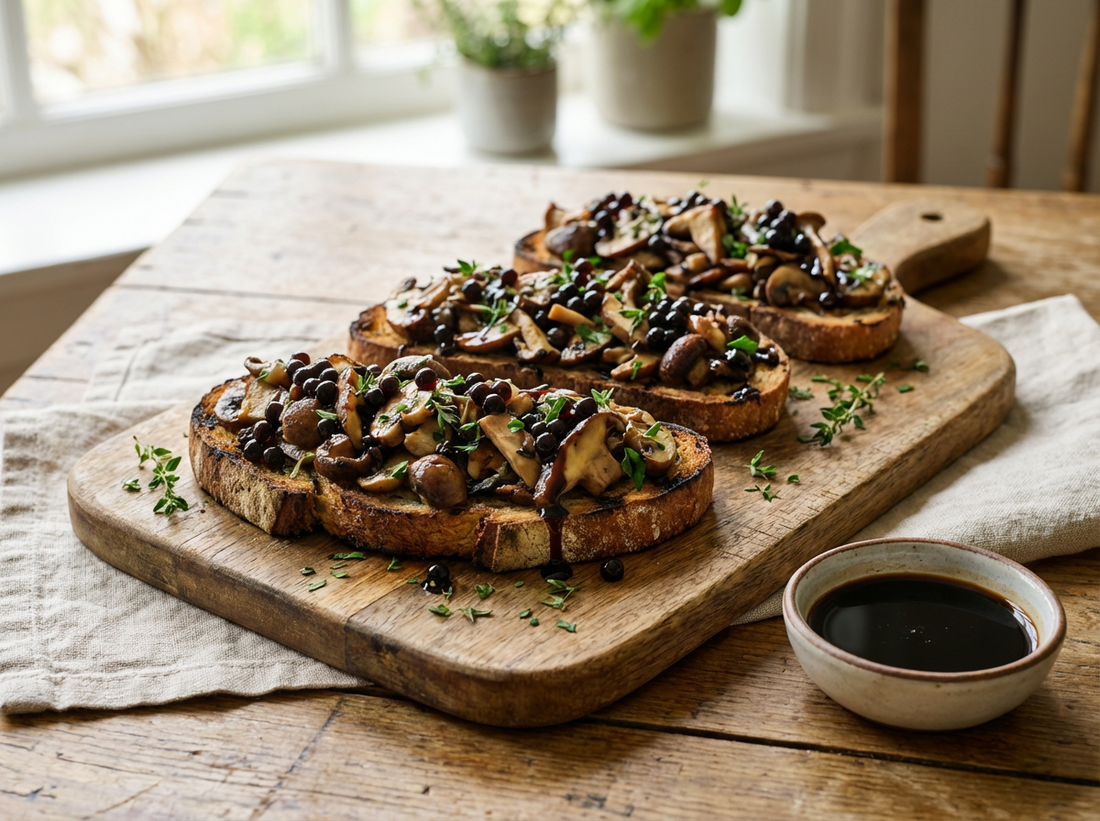 Mushroom bruschetta topped with Sticky Balsamic Original Balsamic Pearls (7mm) and a delicate drizzle of balsamic glaze over the pearls.