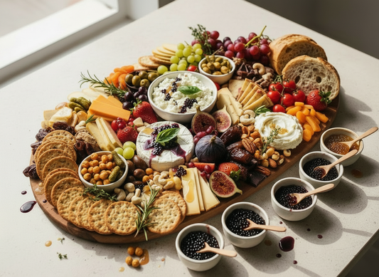 Large vegan charcuterie board with assorted plant‑based cheeses, fresh fruit, nuts, crackers, dips, and Sticky Balsamic Pearls arranged on a wooden platter.