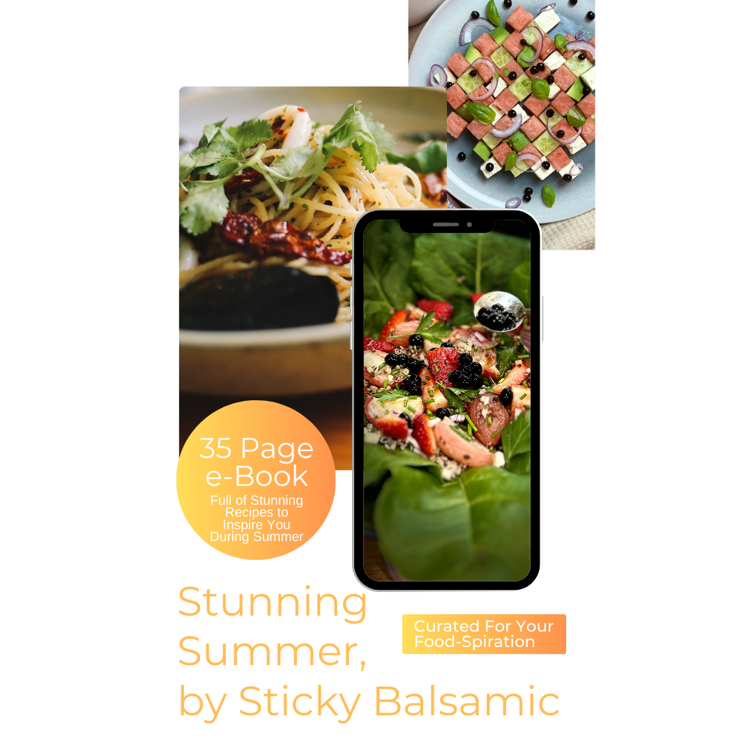 Summer recipe e-book cover: Stunning Summer by Sticky Balsamic, 35 pages