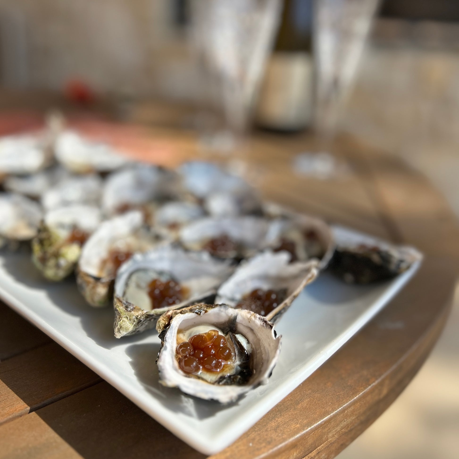 Oyster appetizers on a platter with dark pearls in the shell