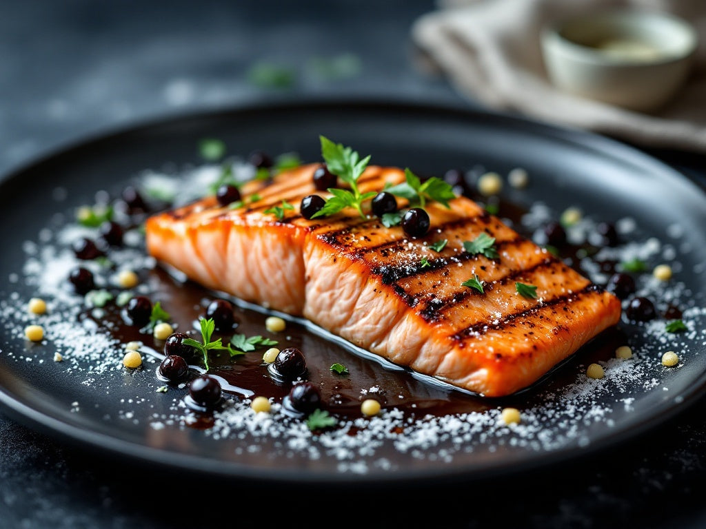 Sticky balsamic pearls on grilled salmon, black pearls scattered over fillet