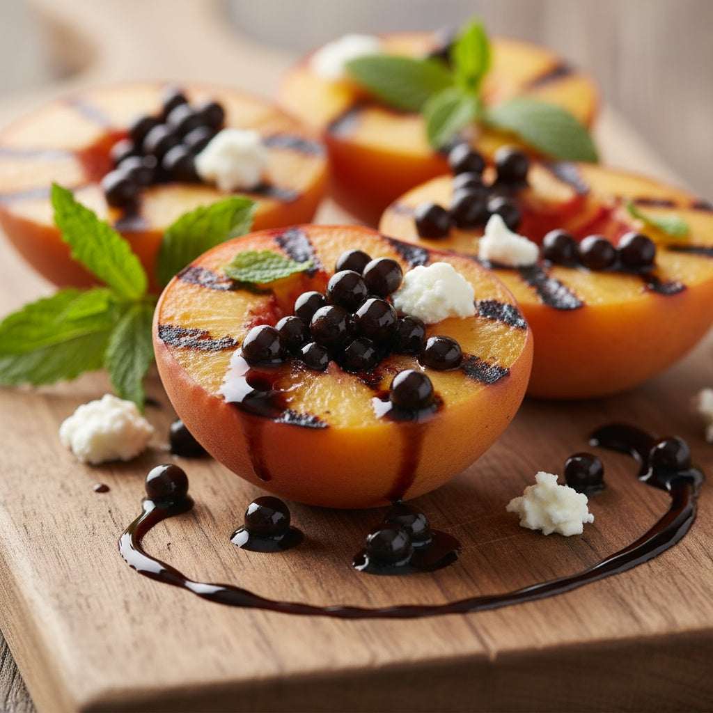 Sticky balsamic pearls starter collection: glazed pear halves with dark balsamic pearls