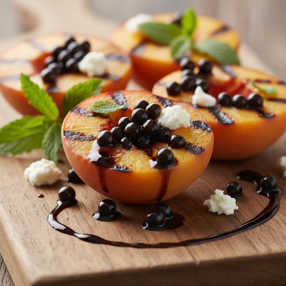 Sticky balsamic pearls starter collection: glazed pear halves with dark balsamic pearls