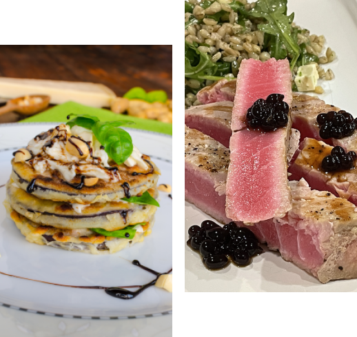 Sticky Balsamic on pancakes on the left hand side of the image, on a white bowl decorated with basil. On the right shows beautifully cooked tuna with a pearl barley salad behind it and garnished with Sticky Balsamic Pearls