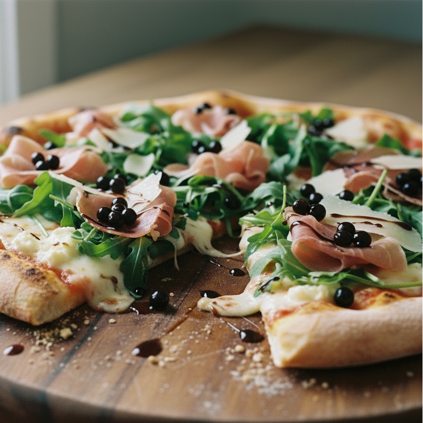 prosciutto, rocket and goat’s cheese pizza on a board, finished with glossy dark Original Balsamic Pearls